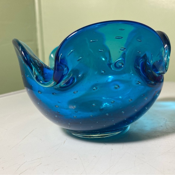 Vintage Kreiss Art Glass Bowl: Blue Bubble Glass Candy Dish - Picture 4 of 5